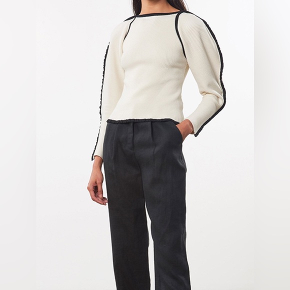 Mara Hoffman Nova Sweater in Ivory Ribbed Puff Sleeve Knit Stretch Pullover - Picture 2 of 7